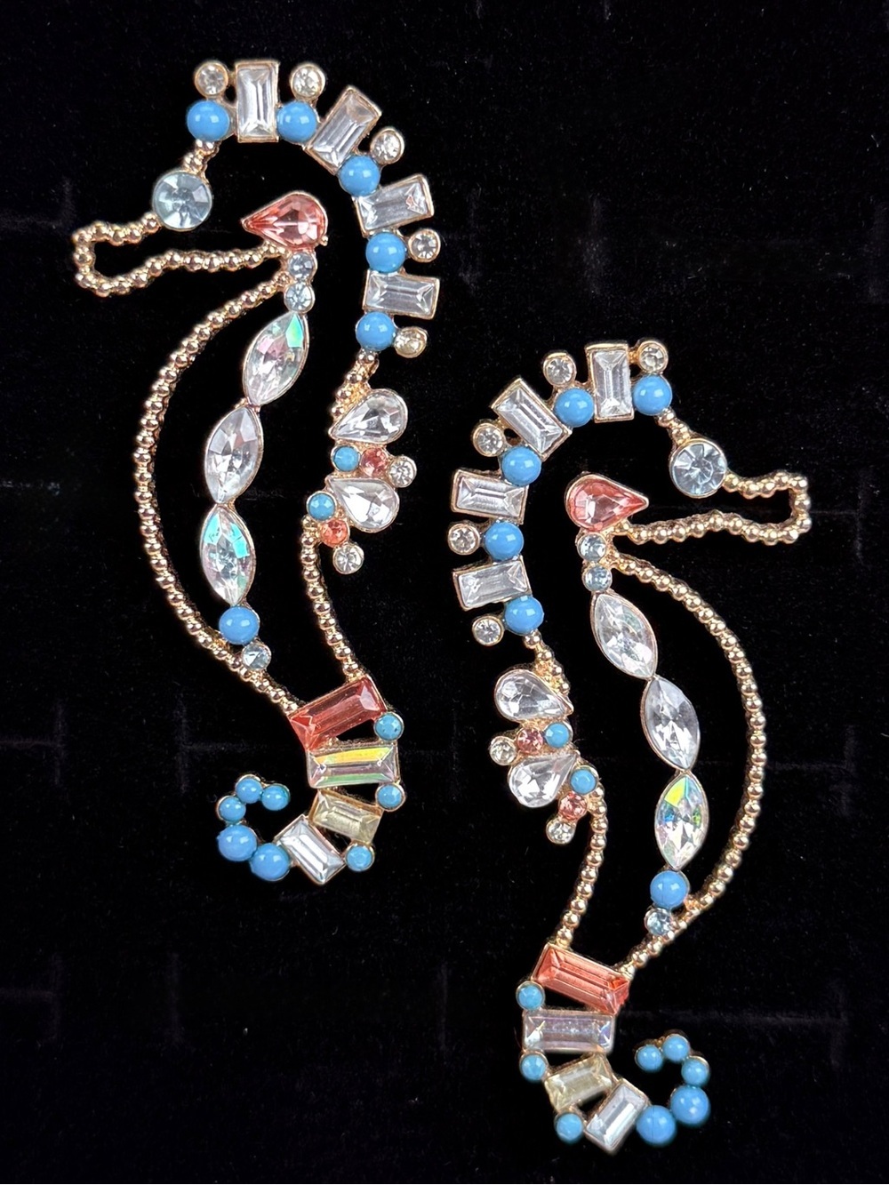 Vintage large, goldtone, blue accents, seahorse pierced earrings